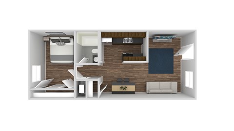A 3D rendered image of a modern apartment layout.